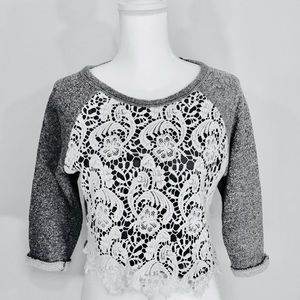 Gray Crop Top, Medium, 3/4 Sleeve, Lace Overlay
